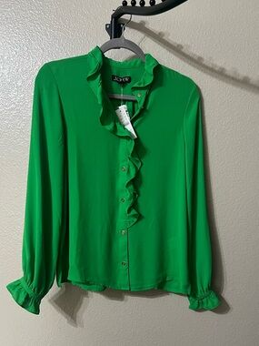 J. Crew Emerald Green Ruffle-Front Button Down Blouse